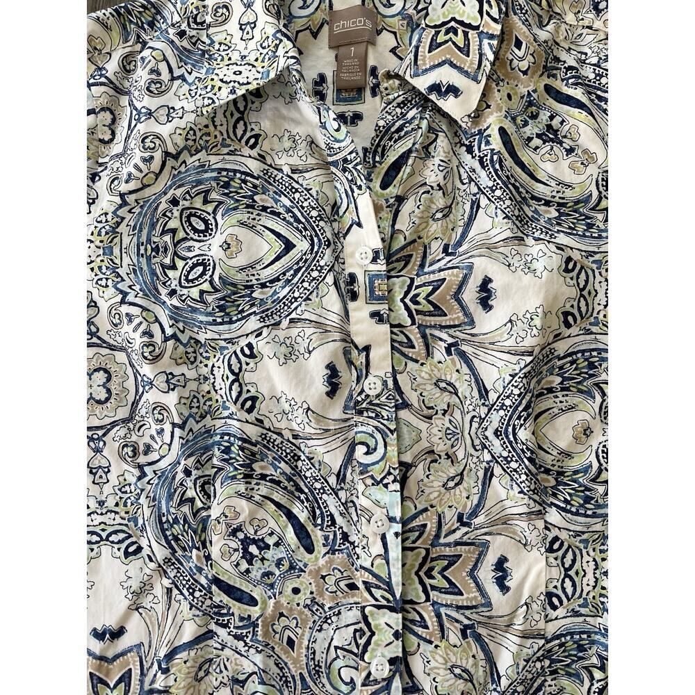 Chicos Dress Shirt Womens Button Down Paisley 3/4 Sleeve Cotton Chicos Sz 1 (M) - Picture 2 of 10